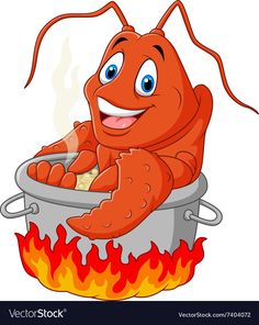 Funny cartoon of a lobster in a pot.